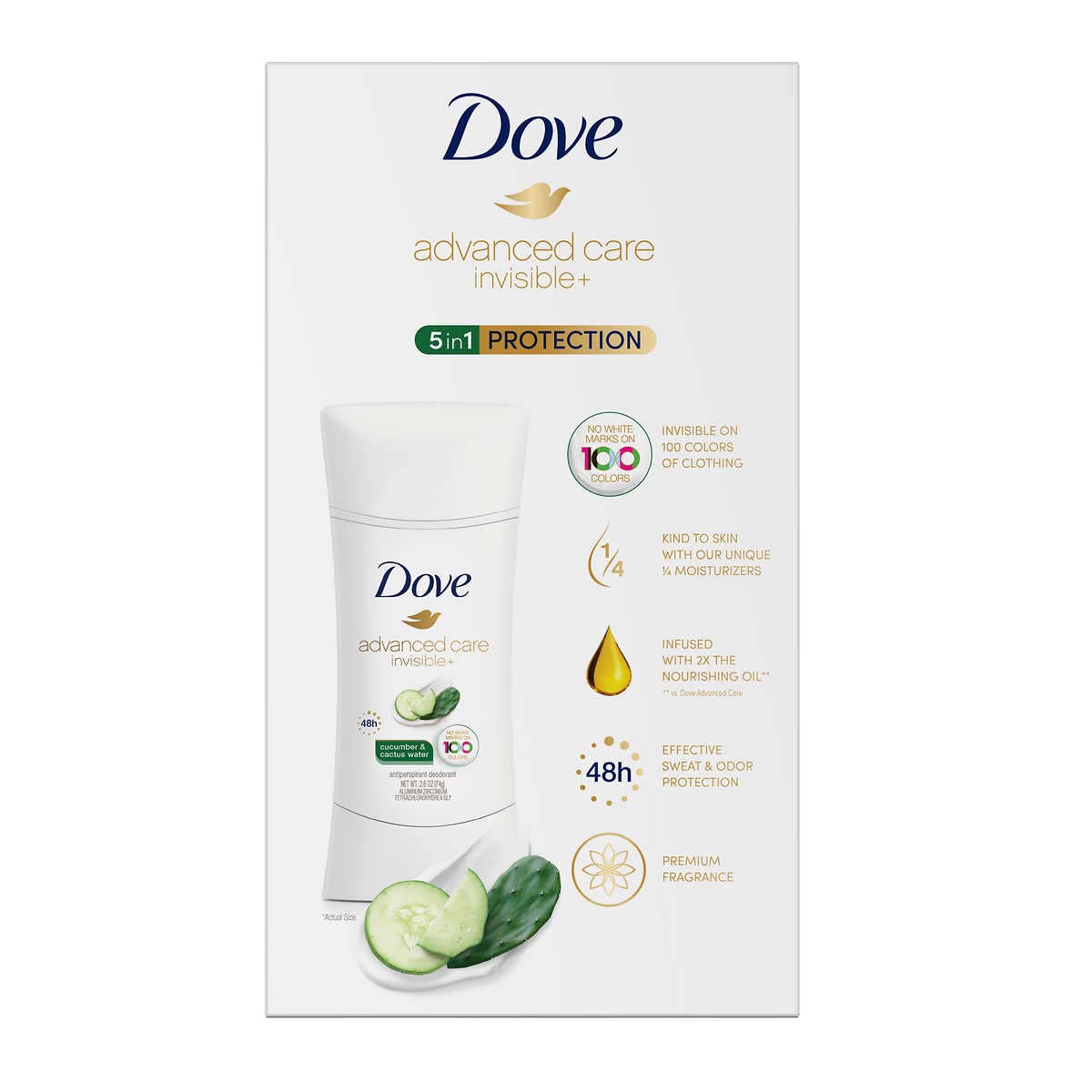 Dove Advanced Care Invisible+ Antiperspirant Deodorant Stick, Cucumber and Cactus Water, 2.6 oz, 4 ct