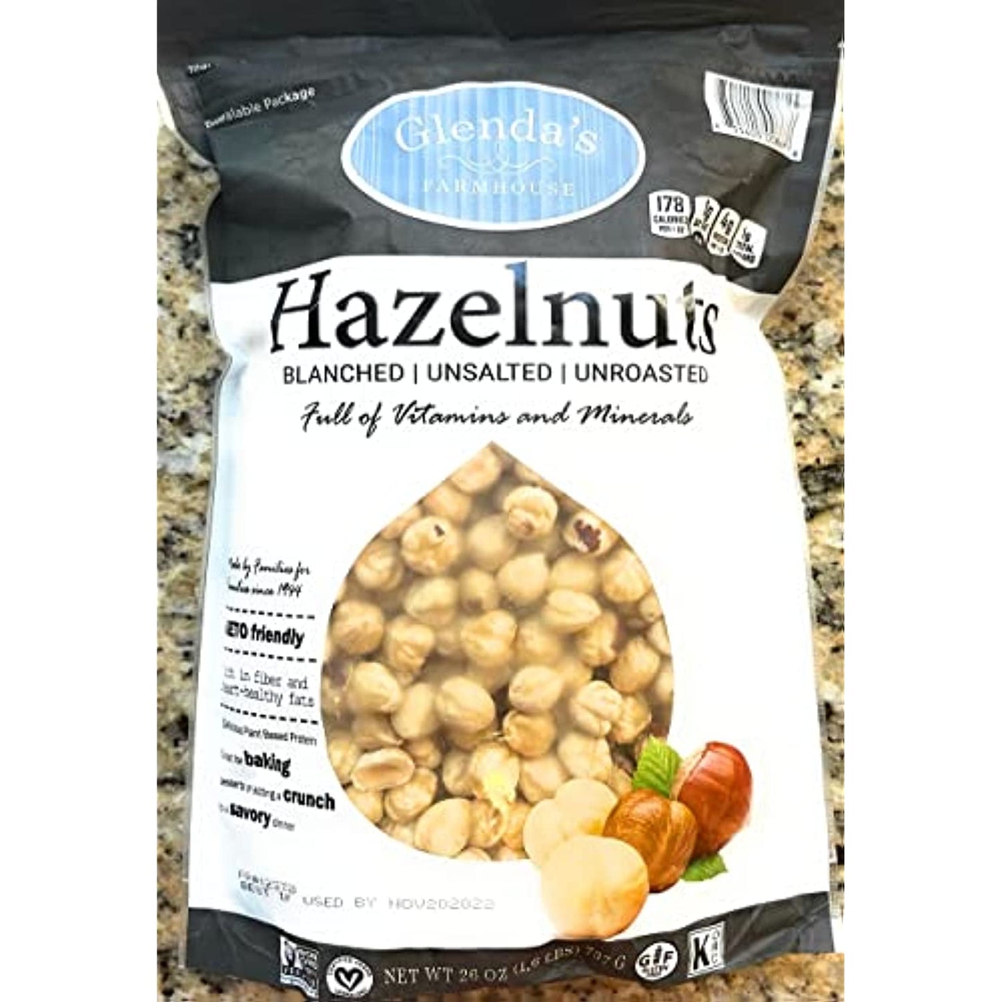 Glenda�s farmhouse hazelnut blanched unsalted unroasted vegan kosher gluten free non gmo hazelnuts 26 oz value pack 1,6 lb 2 packs keto friendly