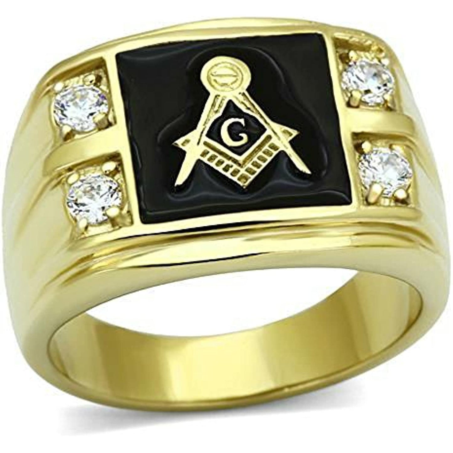 Reliable and Fast Men's 14k IP Gold Stainless Steel AAA CZ Masonic Freemason Ring Band Size 8-14 (14)