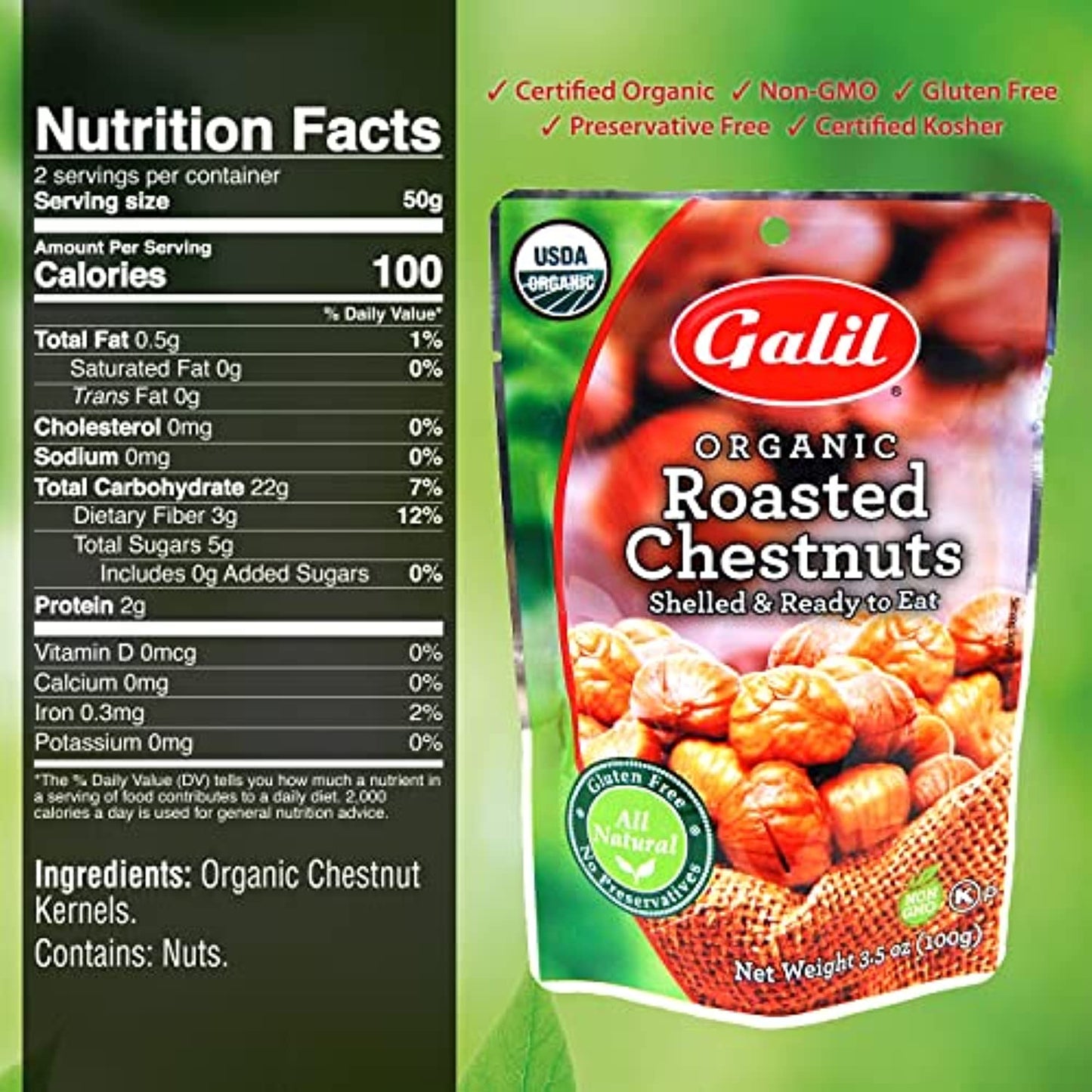 Galil Organic Roasted Chestnuts | Shelled | Ready to Eat Snack | Gluten Free, All Natural, 100% Vegan, No Preservatives | Great for Snacking, Baking, Cooking & Turkey Stuffing | 3.5oz Bags (Pack of 3)