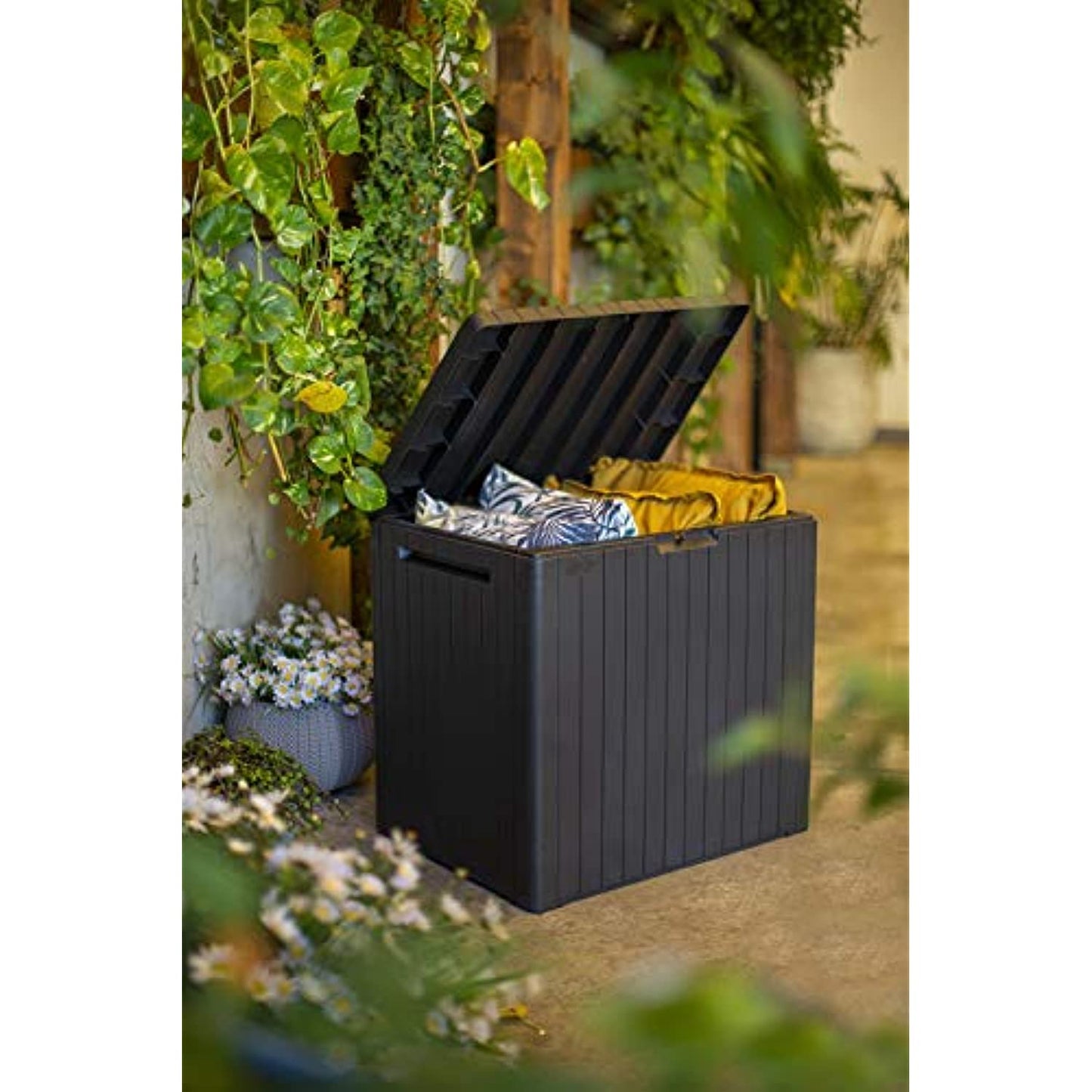 Keter City 30 Gallon Resin Deck Box for Patio Furniture, Pool Accessories, and Storage for Outdoor Toys, Brown