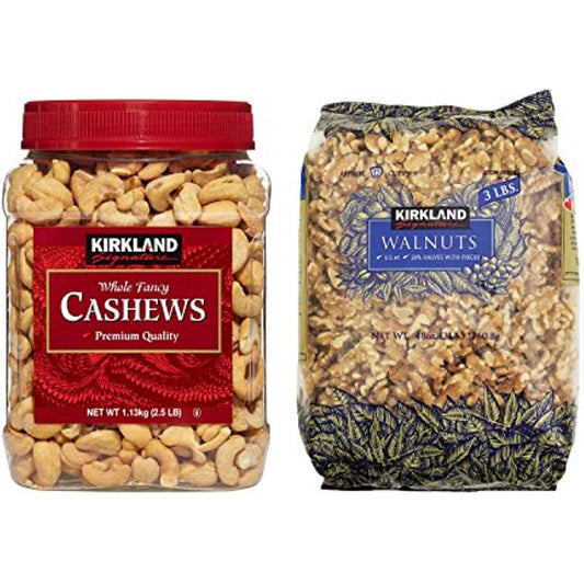 Kirkland Signature Cashews and Walnuts Bundle - Includes Kirkland Signature Whole Fancy Cashews (2.5 LB) and Walnuts (3.0 LB)