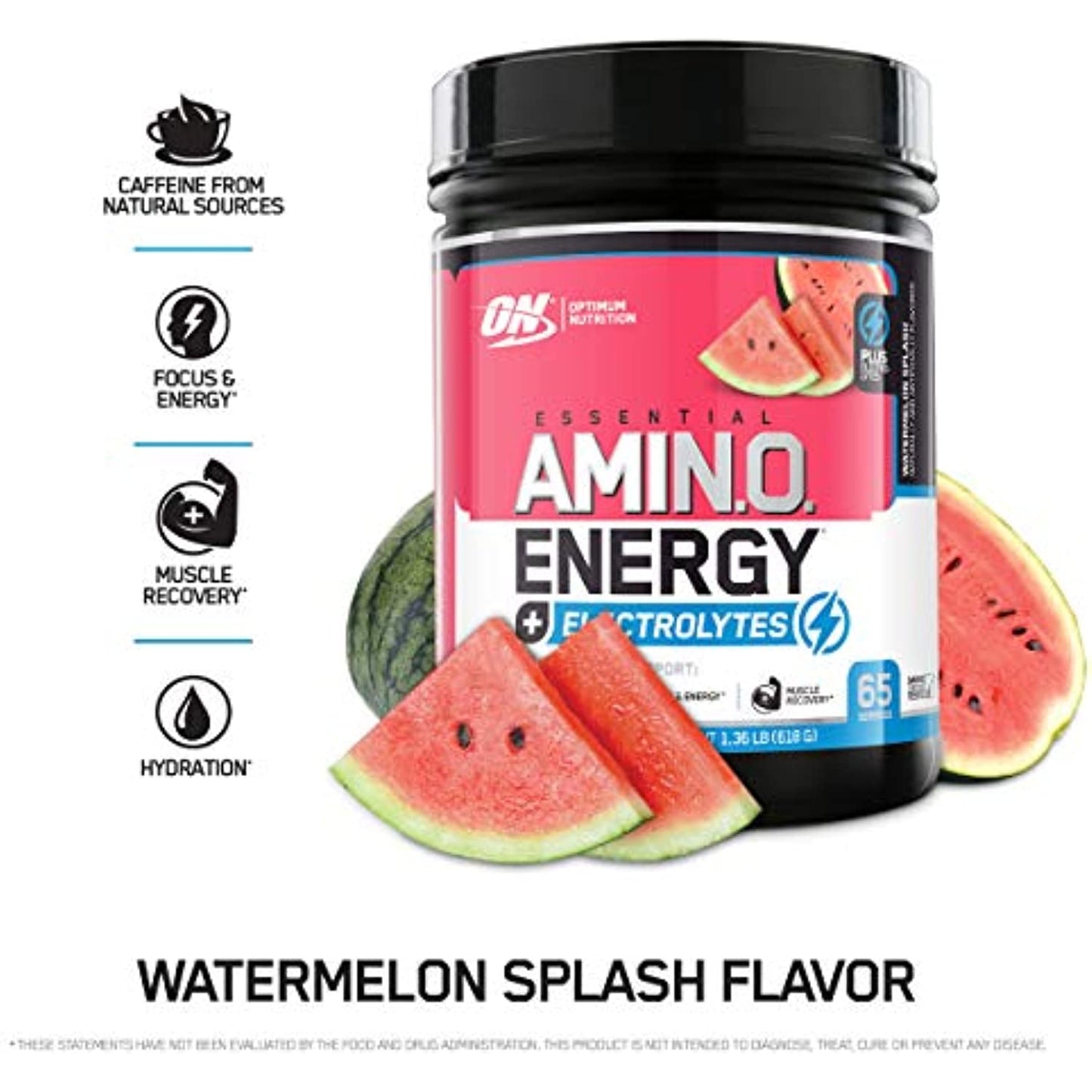 Optimum Nutrition Amino Energy + Electrolytes Powder - Pre Workout, BCAAs, Amino Acids, Keto Friendly, Energy Powder - Watermelon Splash, 65 Servings