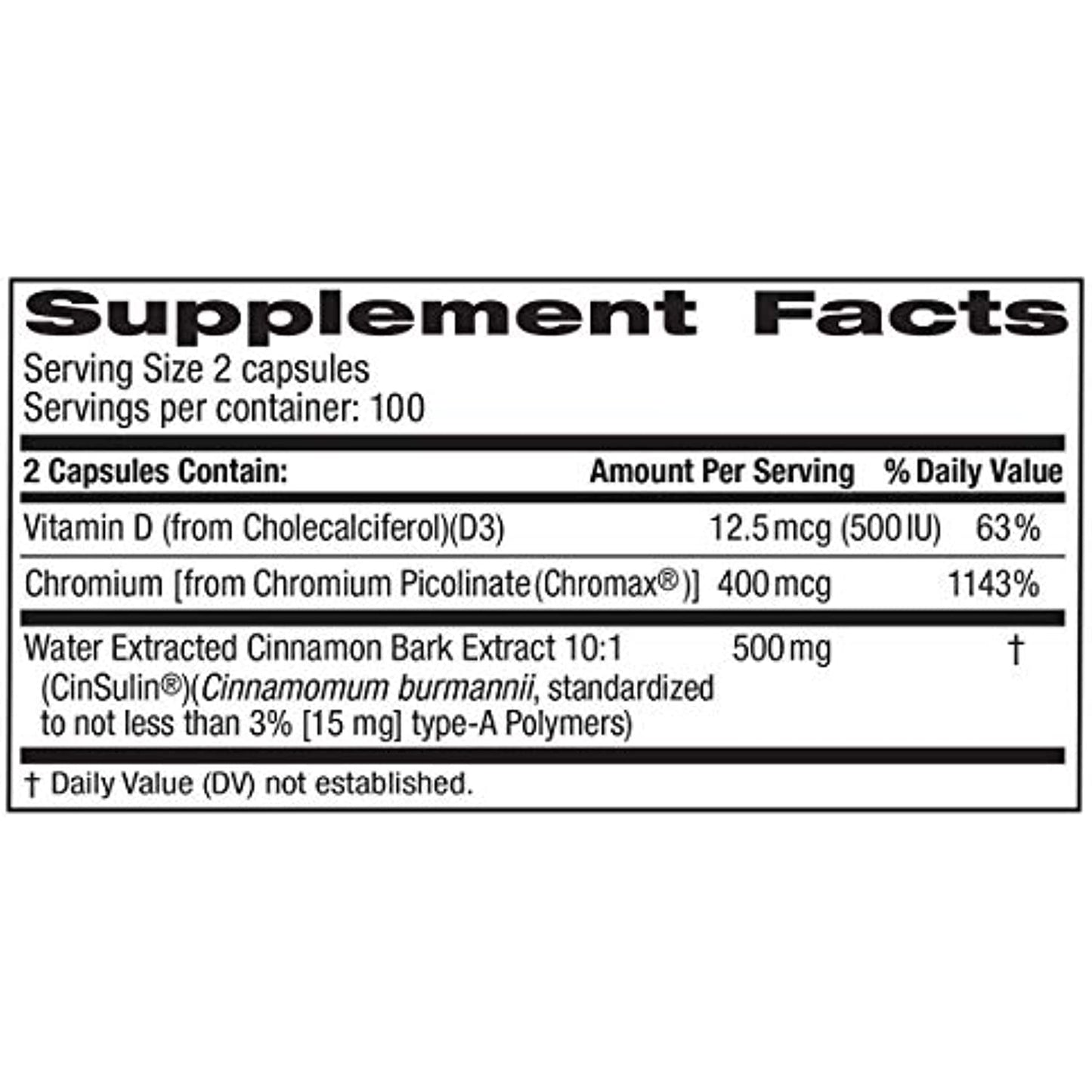 TruNature Advanced Strength Cinsulin Cinnamon, Chromium Picolinate, Vitamin D3 Cinnamon 500 Mg, Chromium Picolinate, 400 Mcg, Vitamin D3, 500 Iu , 200 Capsules by TruNature