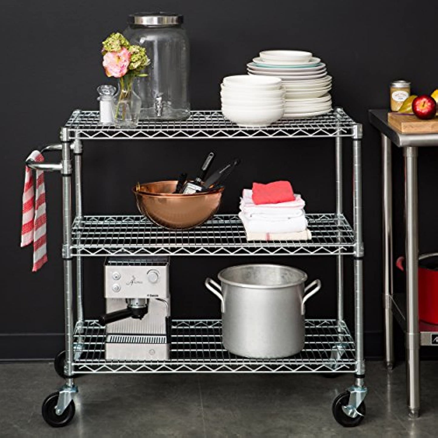 TRINITY EcoStorage Heavy Duty 3 Tier Rolling Cart for Kitchen Organization, Garage Storage, Commercial and Industrial Use, NSF Certified, 800 Pound Capacity, 40.25� by 36� by 18�, Chrome