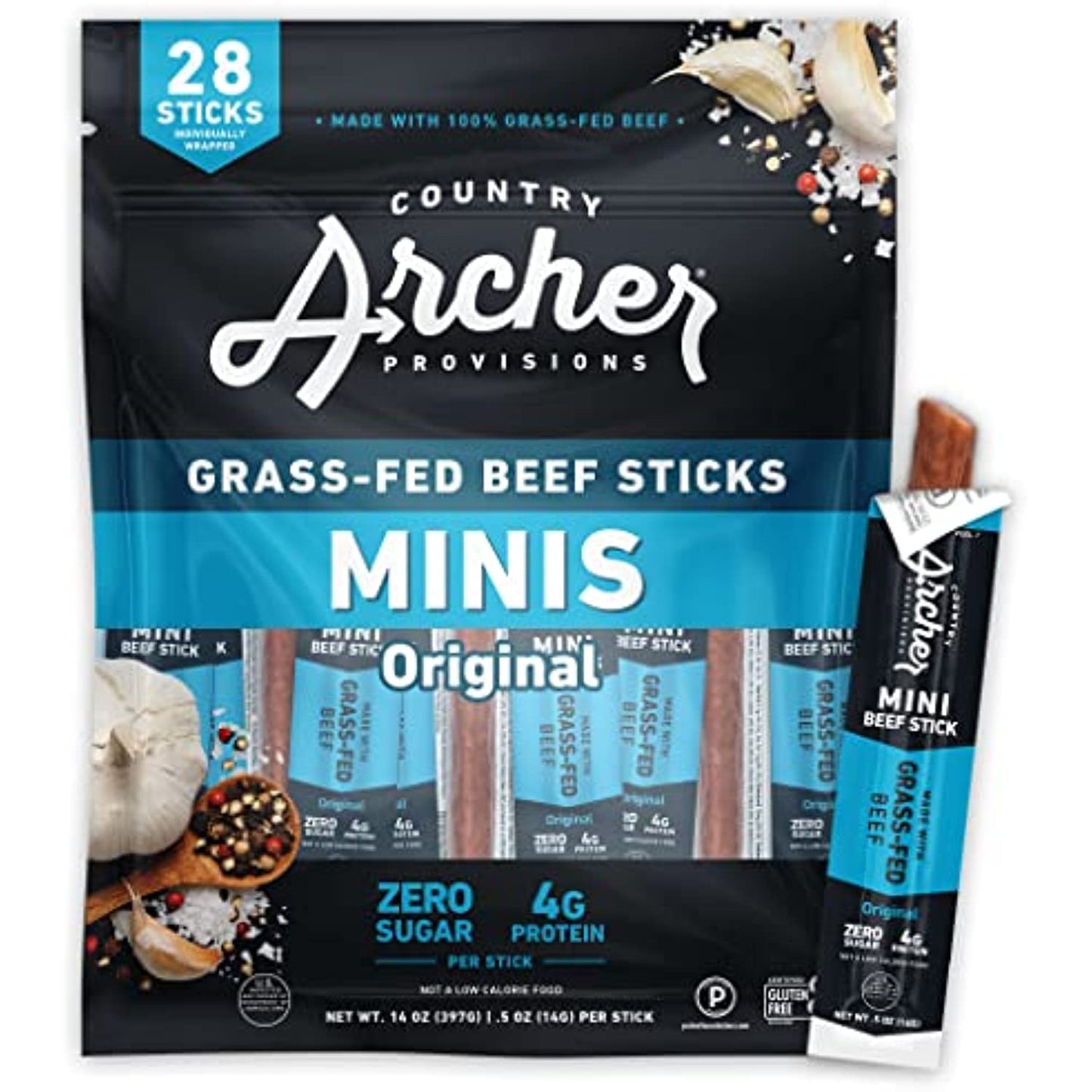 Original Mini Jerky Beef Sticks by Country Archer, 100% Grass-Fed, Gluten Free, High Protein Snacks, .5 Ounce, 28 Count�