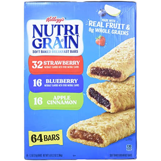 Cereal Bars Kellogg's Nutri-Grain Breakfast Bars, Variety, Strawberry,Blueberry, 1.3 Oz, 64 Count