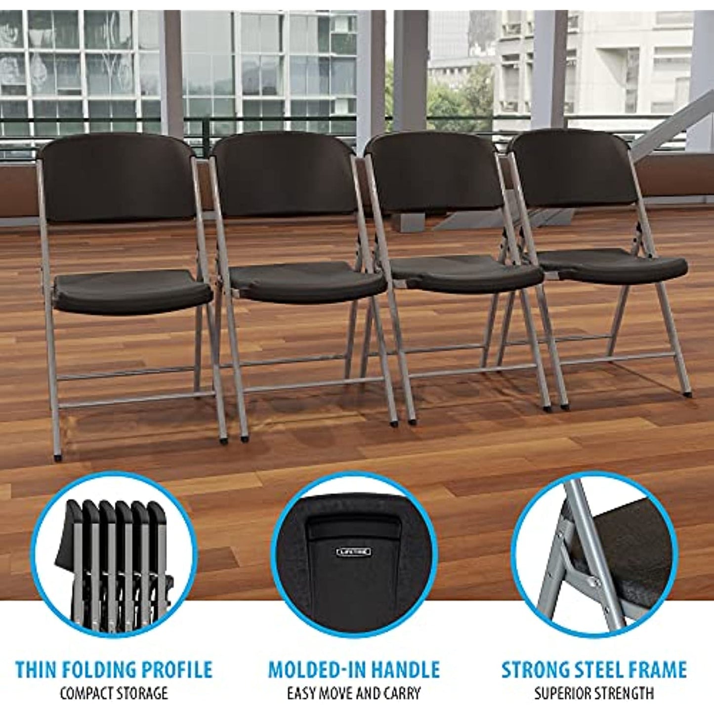 LIFETIME Commercial Grade Folding Chairs, 4 Pack,Plastic, Black/Silver