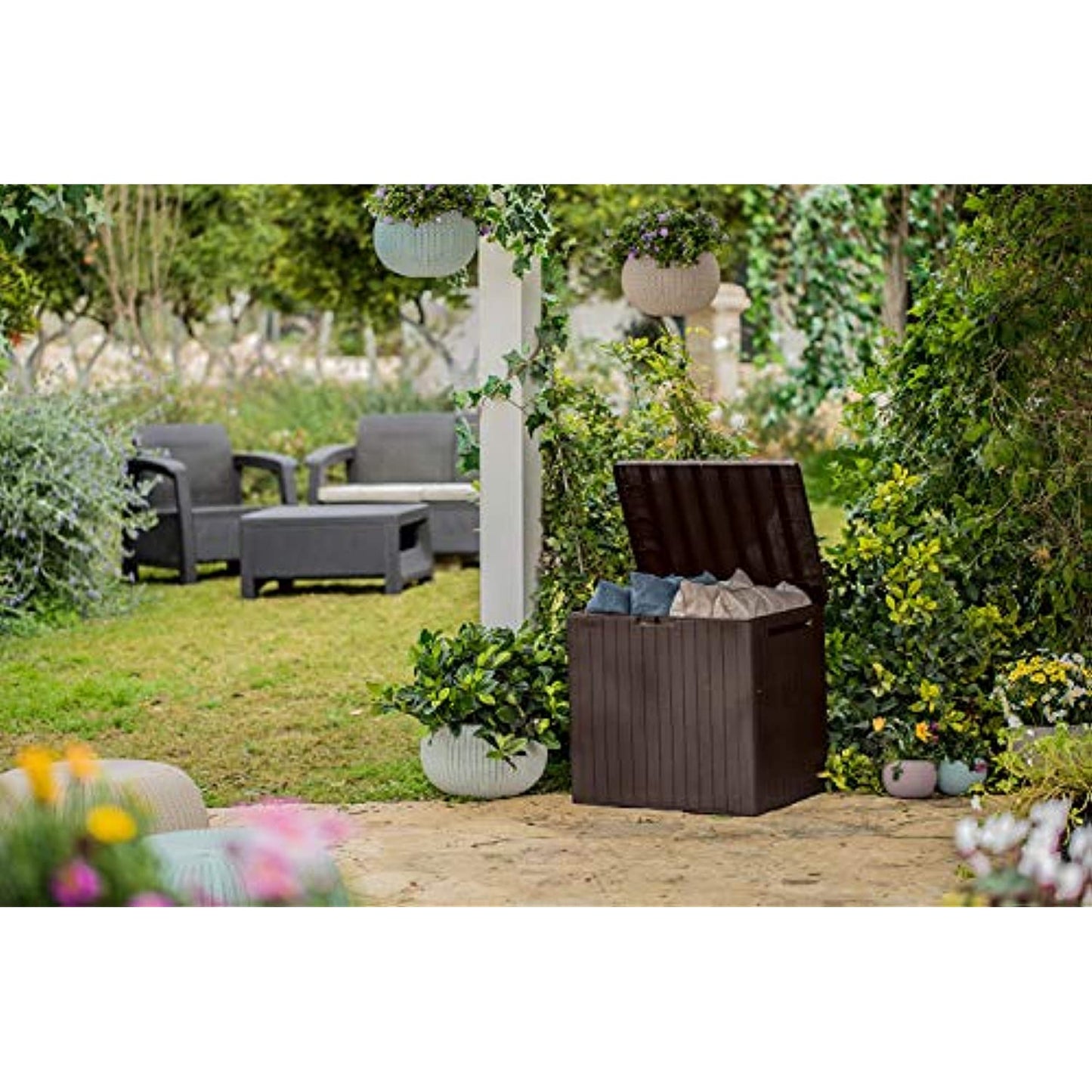 Keter City 30 Gallon Resin Deck Box for Patio Furniture, Pool Accessories, and Storage for Outdoor Toys, Brown