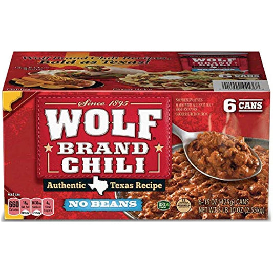 Wolf Brand, Chili with NO BEANS, Authentic Texas Recipe, 15oz Can (Pack of 6)