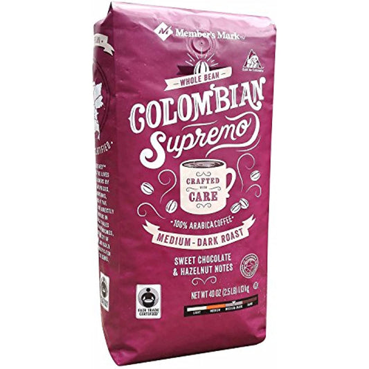 Member's Mark Fair Trade Certified Colombian Supremo Coffee, Whole Bean, 2.5 Pound