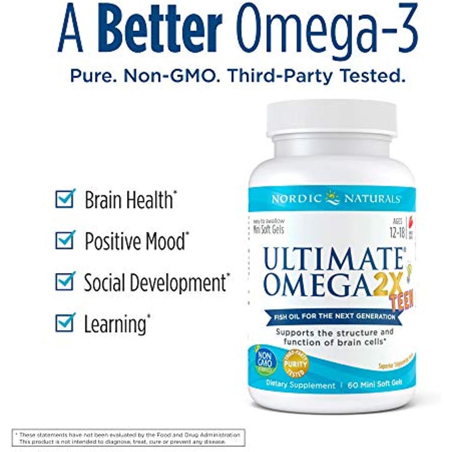 Nordic Naturals Ultimate Omega 2X Teen, Strawberry - 60 Mini Soft Gels - 1120 mg Total Omega-3s with EPA & DHA - Brain Health, Positive Mood, Social Development, Learning - Non-GMO - 30 Servings