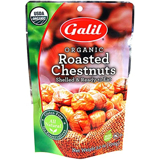 Galil Organic Roasted Chestnuts | Shelled | Ready to Eat Snack | Gluten Free, All Natural, 100% Vegan, No Preservatives | Great for Snacking, Baking, Cooking & Turkey Stuffing | 3.5oz Bags (Pack of 6)