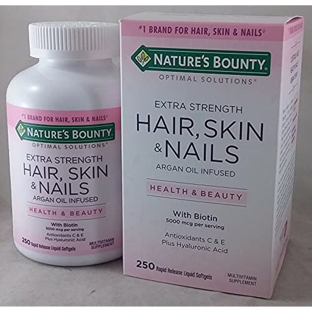 Nature's Bounty Hair Skin and Nails 5000 mcg of Biotin - 250 Coated Tablets Regular & Extra Strength (Extra Strength, Two Bottles Each of 250 Softgels)
