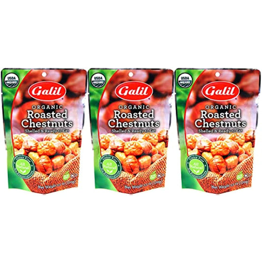 Galil Organic Roasted Chestnuts | Shelled | Ready to Eat Snack | Gluten Free, All Natural, 100% Vegan, No Preservatives | Great for Snacking, Baking, Cooking & Turkey Stuffing | 3.5oz Bags (Pack of 3)