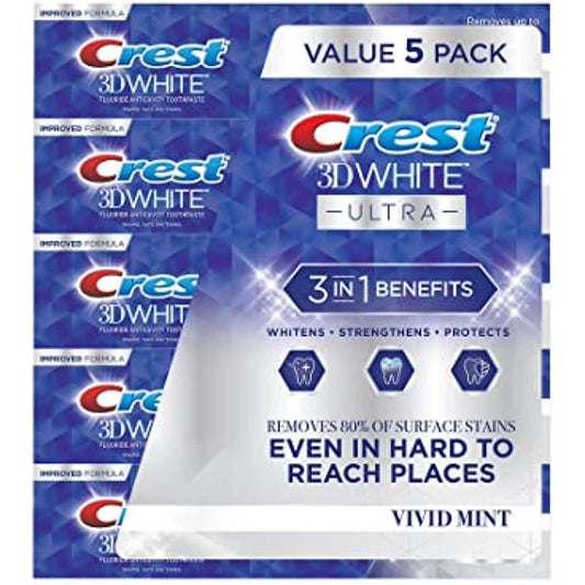 Crest 3D White Ultra Whitening Toothpaste, Vivid Mint, (5.6 Ounce, 5 Pack)