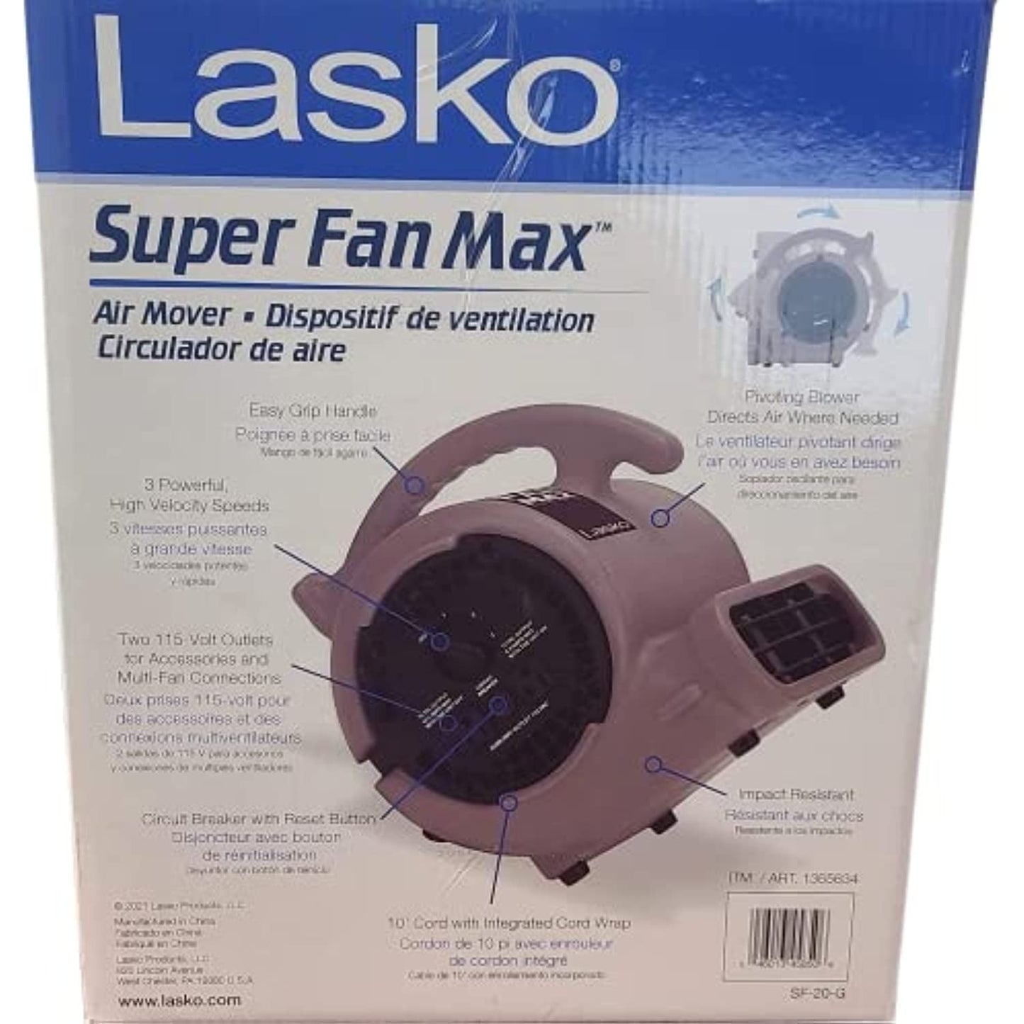 Lasko Super Fan Max Air Mover for Janitorial Water Damage Restoration Stackable Carpet Dryer Floor Blower Fan, Grey