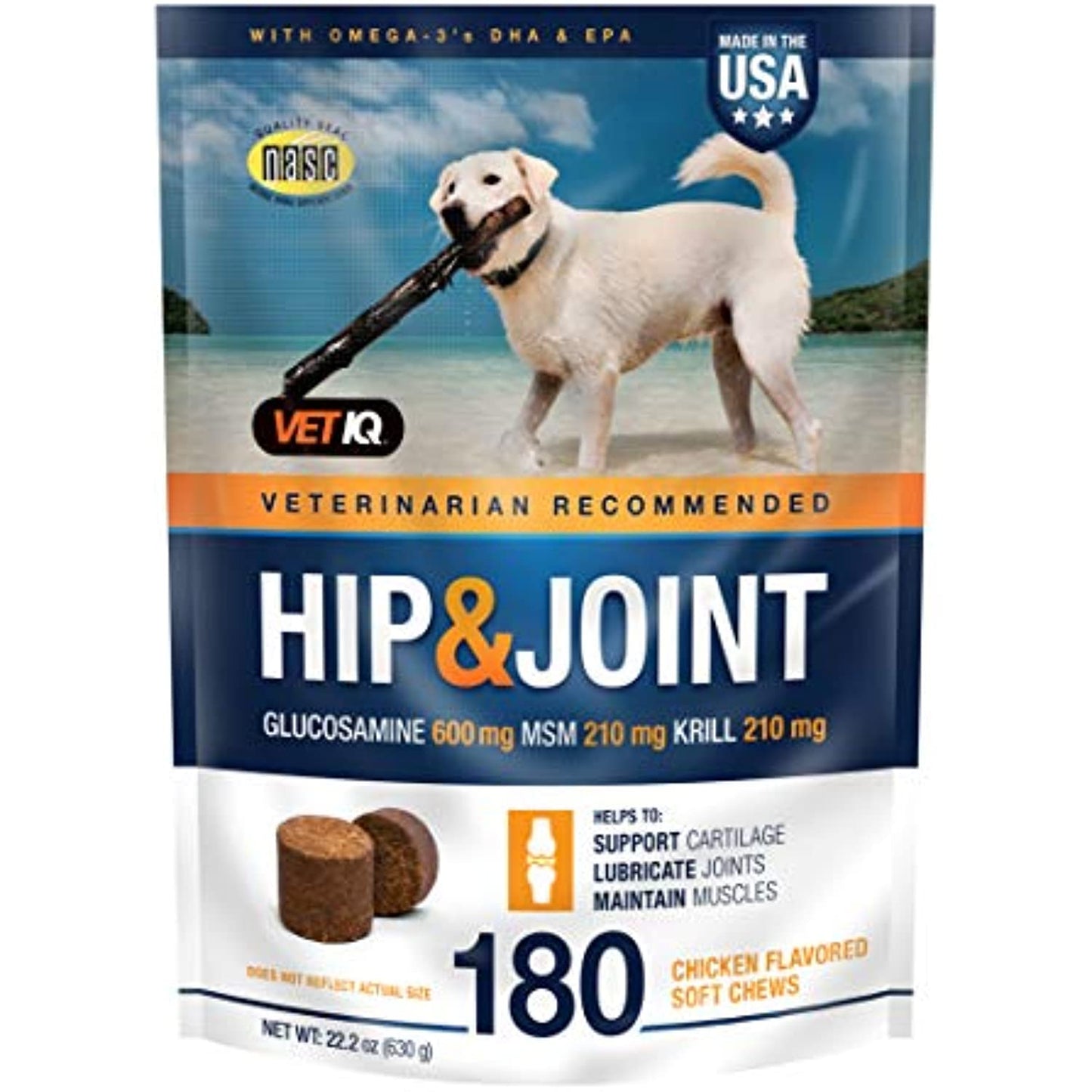 VetIQ Hip & Joint Supplement for Dogs, Anti Inflammatory Joint Support, Chondroitin and Glucosamine, Chicken Flavored Soft Chews, 180 Count - Packaging May Vary