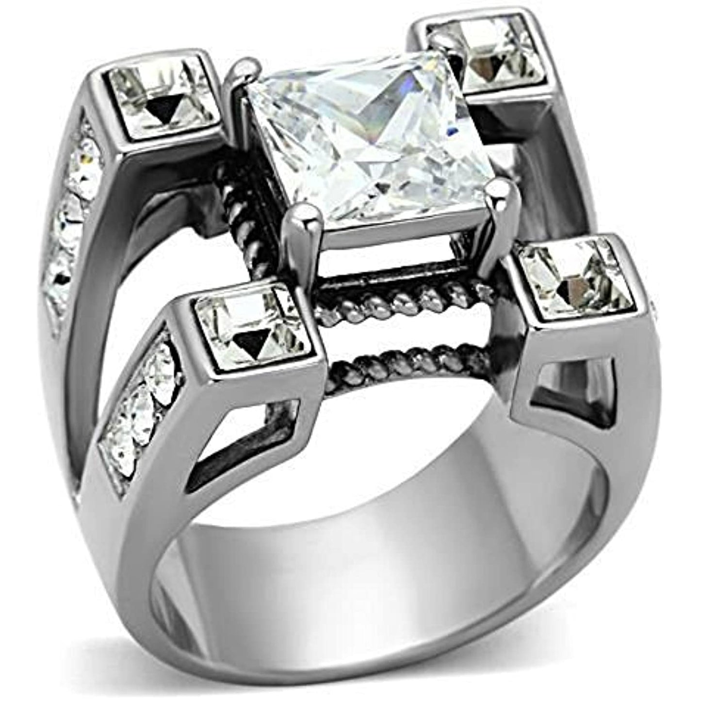 Reliable and Fast Men's Princess Cut Simulated Diamond Silver Stainless Steel Ring Size 8-14 (8)