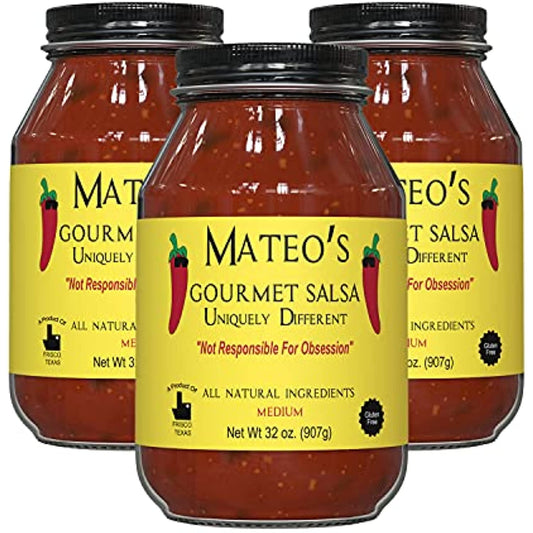 Mateo�s Gourmet Salsa - Medium Hot Spicy Salsa Dip for Tortillas, Tacos, Nachos, Chips, Snacks, Salads - No Gluten, Made of Fresh Tomatoes & Jalapeno Peppers - Product of Frisco, Texas - 3-Pack 32oz
