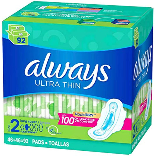 Always Ultra Thin Pads Size 2 Super Long Absorbency Unscented with Wings (92 ct)