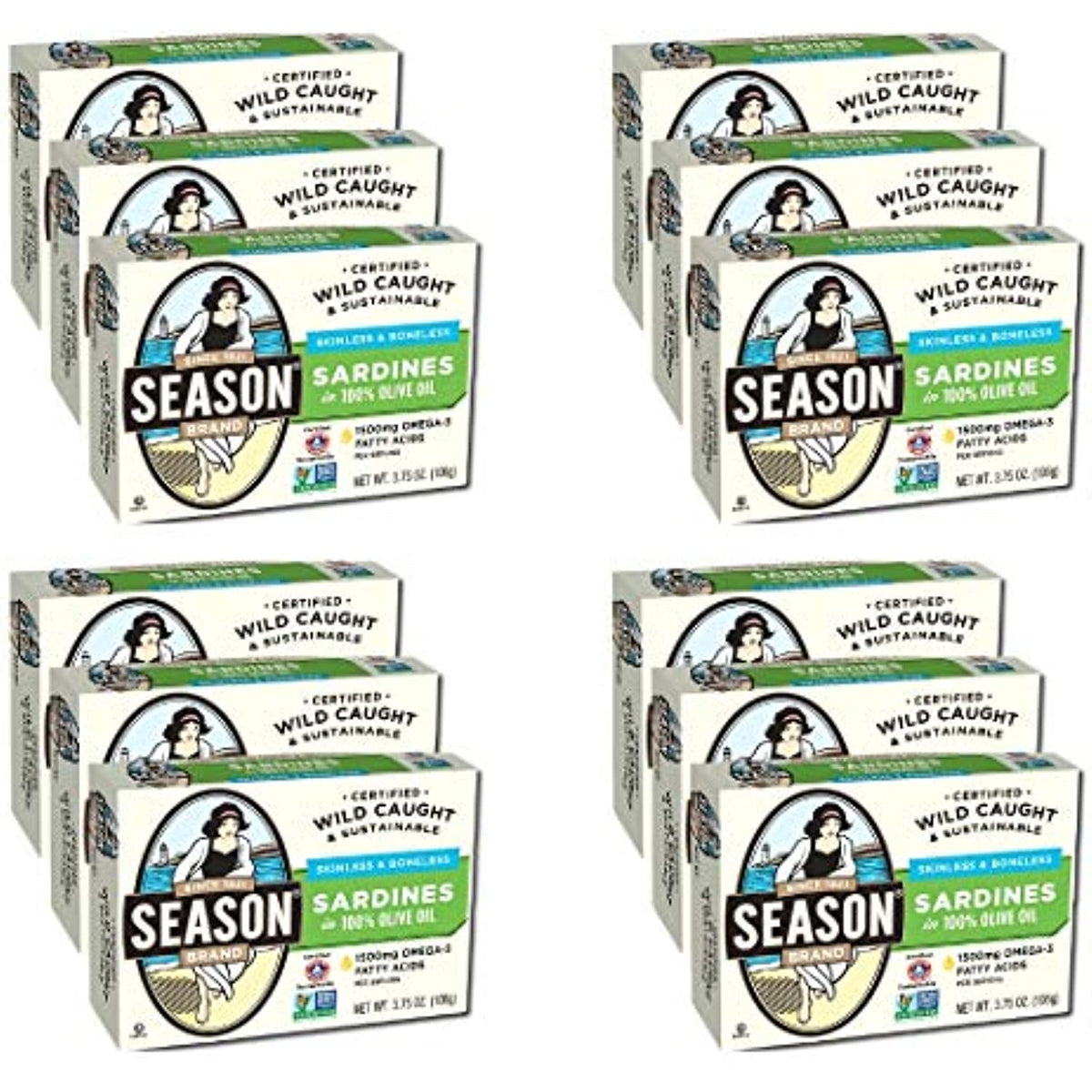 Season's Skinless and Boneless Sardines in Pure Olive Oil. Imported From Morocco 3.75oz (Pack of 12)