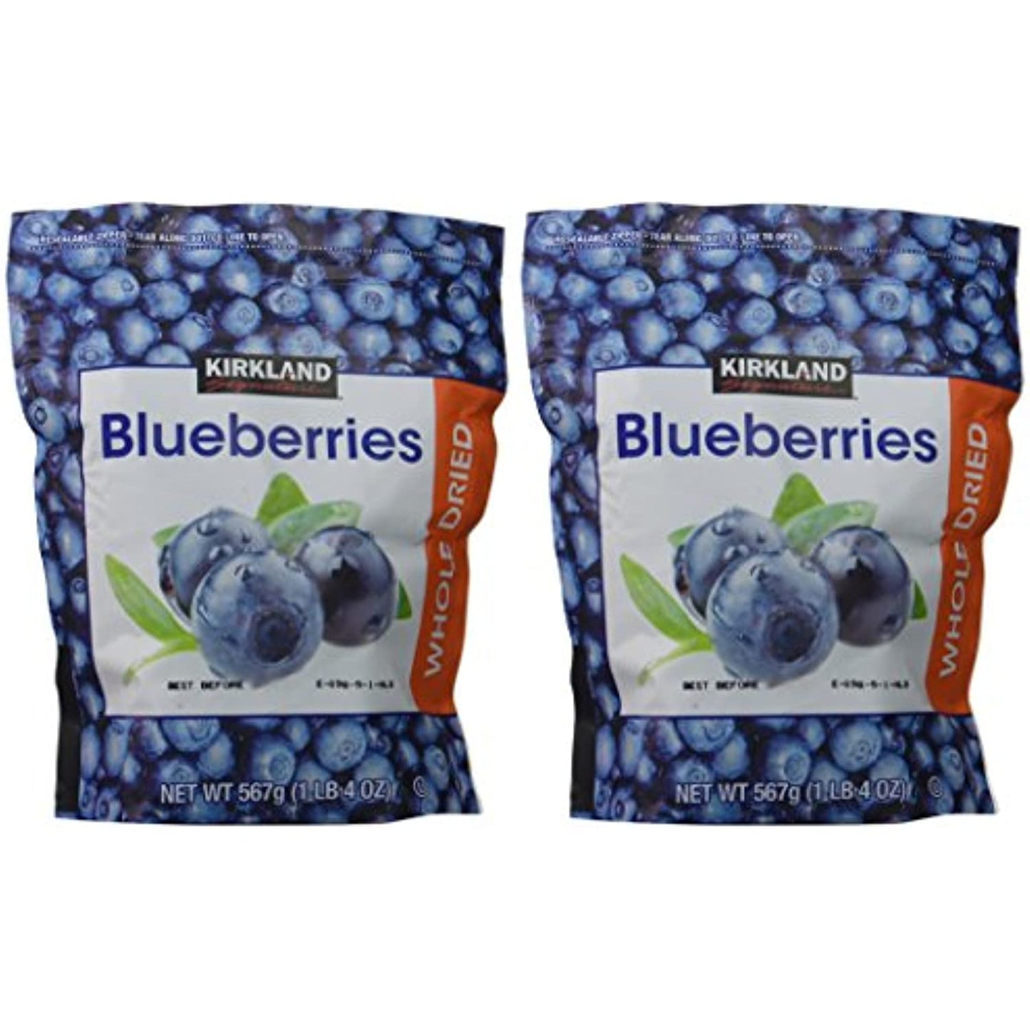 Kirkland Signature Whole Dried Blueberries: 2 Bags of 20 Oz (1 Bag is 1LB 4 OZ which is 20 Ounces)