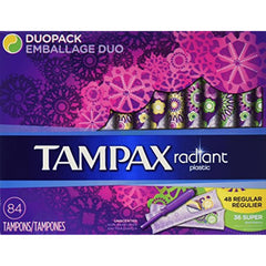 Tampax Radiant Plastic Tampons Duo Pack, Unscented, 84 Count