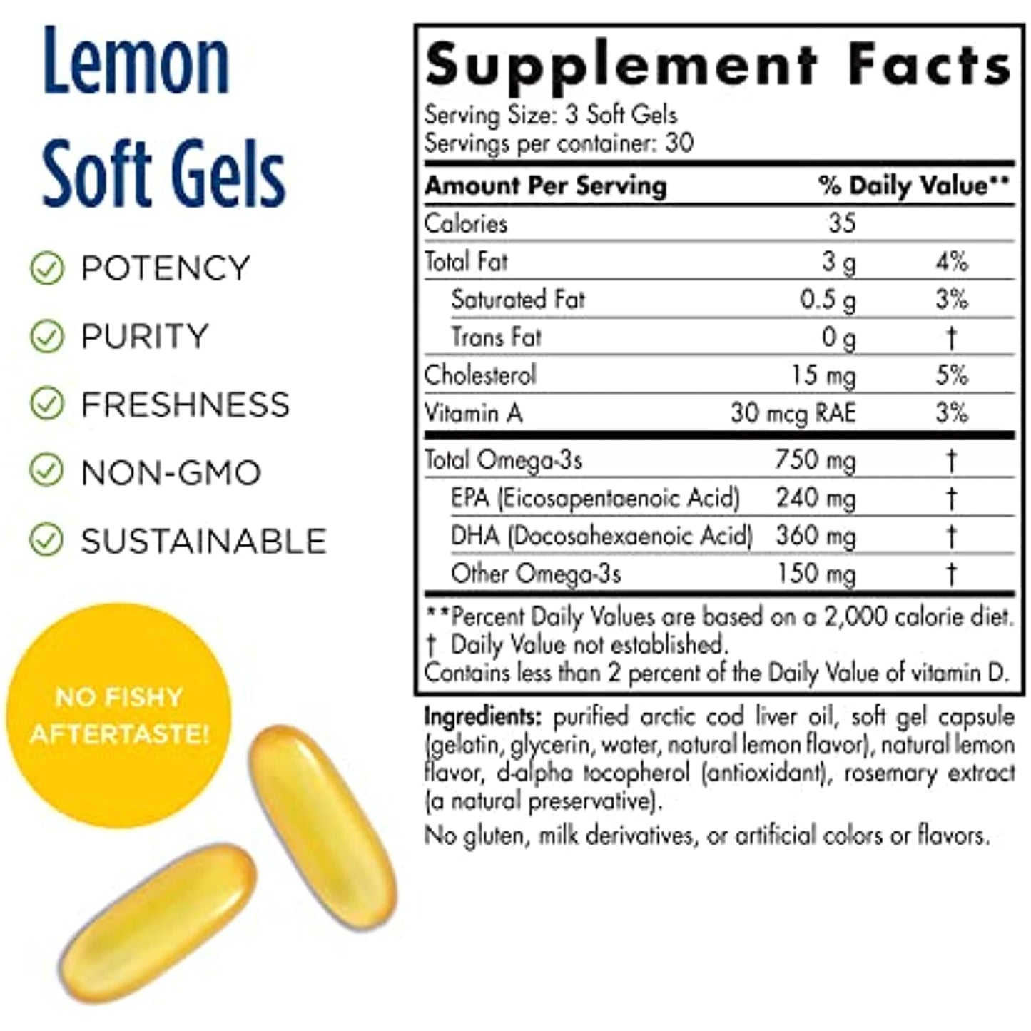 Nordic Naturals Arctic Cod Liver Oil, Lemon - 90 Soft Gels - 750 mg Total Omega-3s with EPA & DHA - Heart & Brain Health, Healthy Immunity, Overall Wellness - Non-GMO - 30 Servings