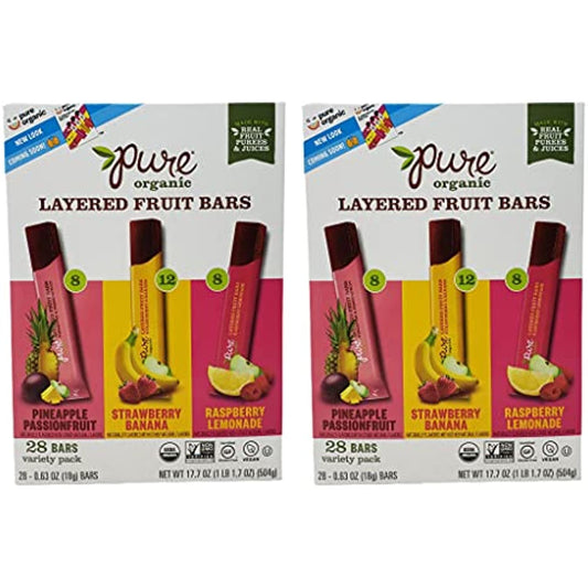 Pure Organic Layered Fruit Bars - Pineapple Passion Fruit, Strawberry Banana, and Raspberry Lemonade - 28 Fruit Bars Per Box - Choose a 56 Pack or 84 Pack (56)