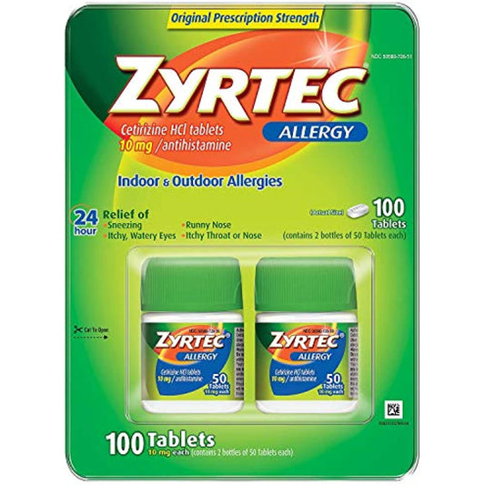 Zyrtec Cetrizine HCl/Antihistamine - 10mg/100 Tablets