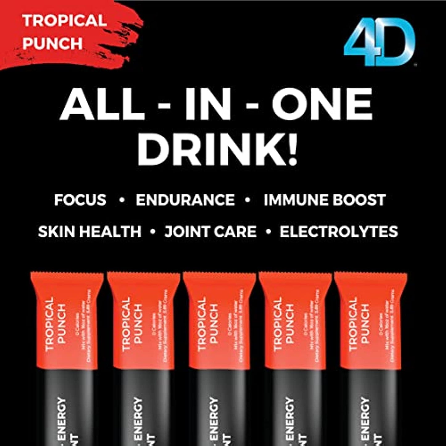 4D Clean Energy Drink Mix + Electrolytes + Immune Support + MultiVitamins + Joint and Skin Support (Tropical Punch Flavor, 25 Pack)