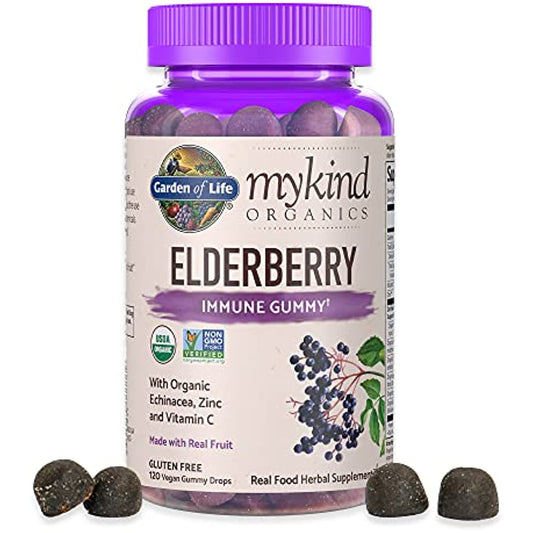 Garden of Life mykind Organics Elderberry Gummies for Adults & Kids - Immune Support Supplement with Organic Fruit, Herbal Blend, Elderberry, Echinacea, Zinc, Vitamin C, 120 Vegan Gluten Free Gummies