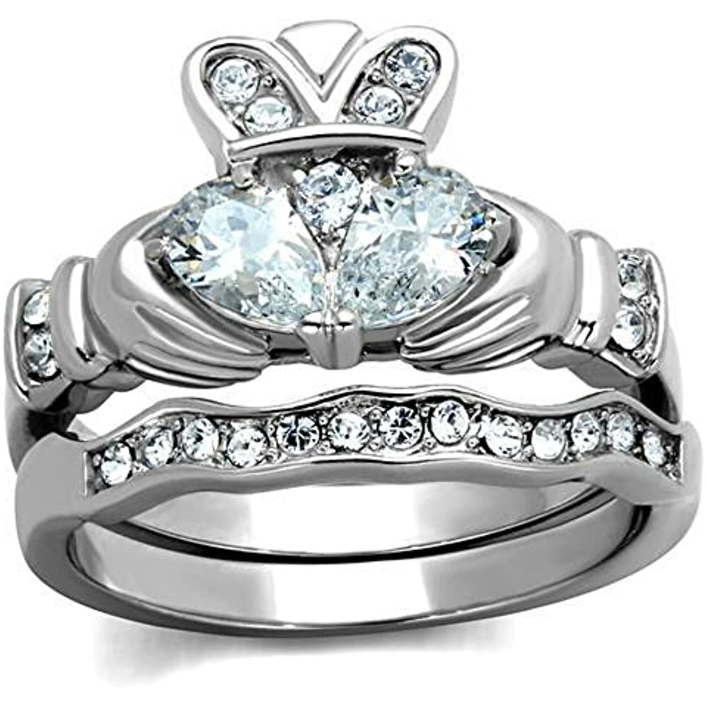 Reliable and Fast Women's Irish Claddagh AAA CZ Stainless Steel Wedding Ring Band Set Size 5-10 (7)