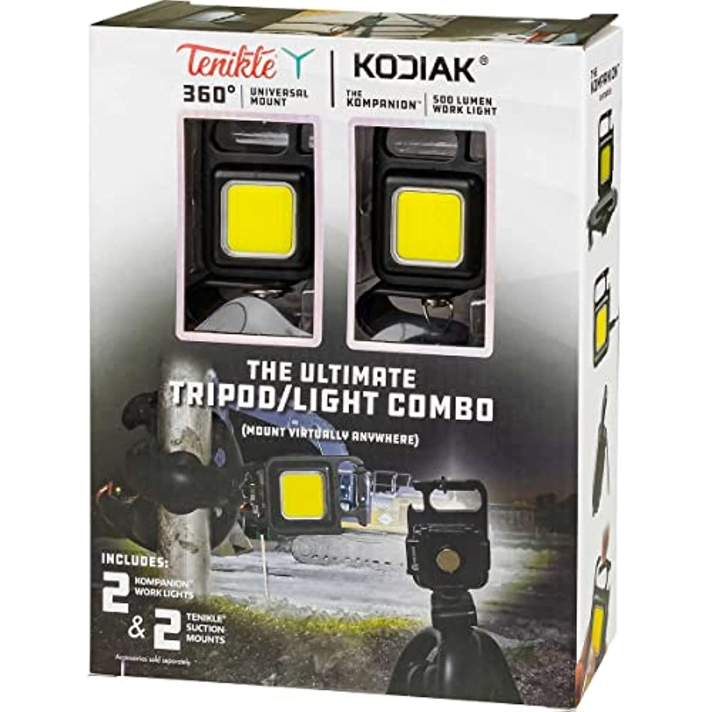 Tenikle 360� Universal Mount and Kodiak Kompanion 500 Lumen Work Light, The Ultimate Tripod and Light Combo, 2 Pack