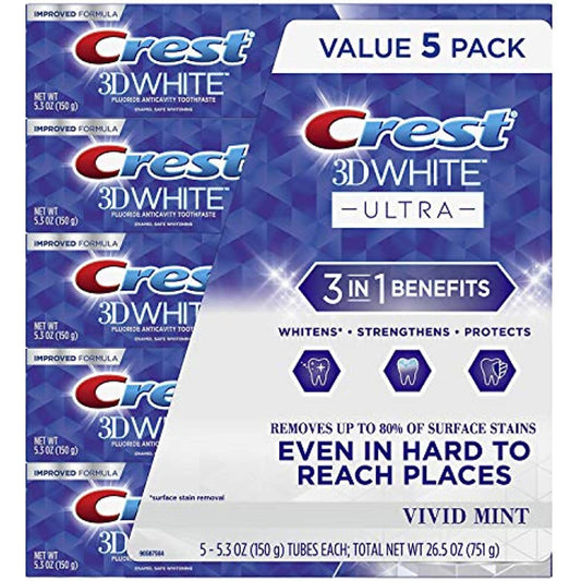 Crest 3D White Ultra Whitening Toothpaste, Vivid Mint, (5.3 Ounce, 5 Pack)