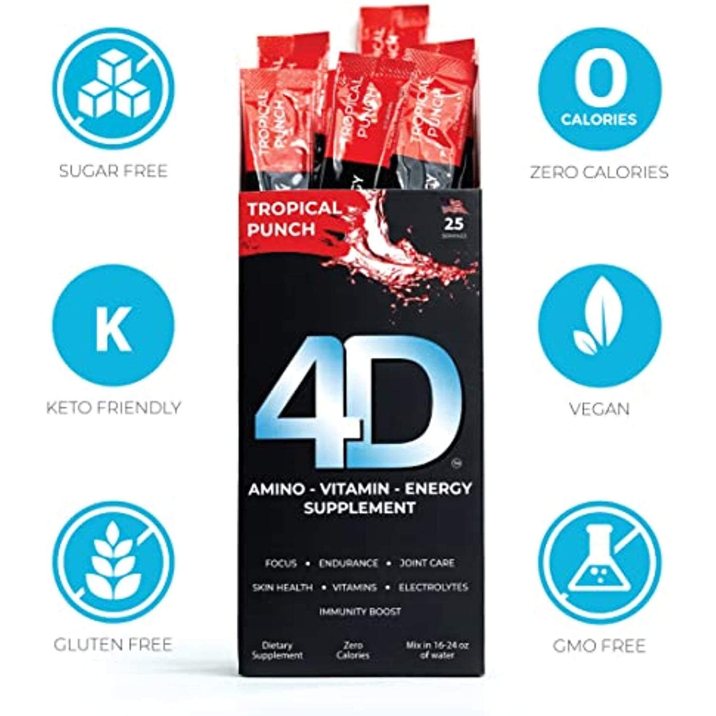 4D Clean Energy Drink Mix + Electrolytes + Immune Support + MultiVitamins + Joint and Skin Support (Tropical Punch Flavor, 25 Pack)