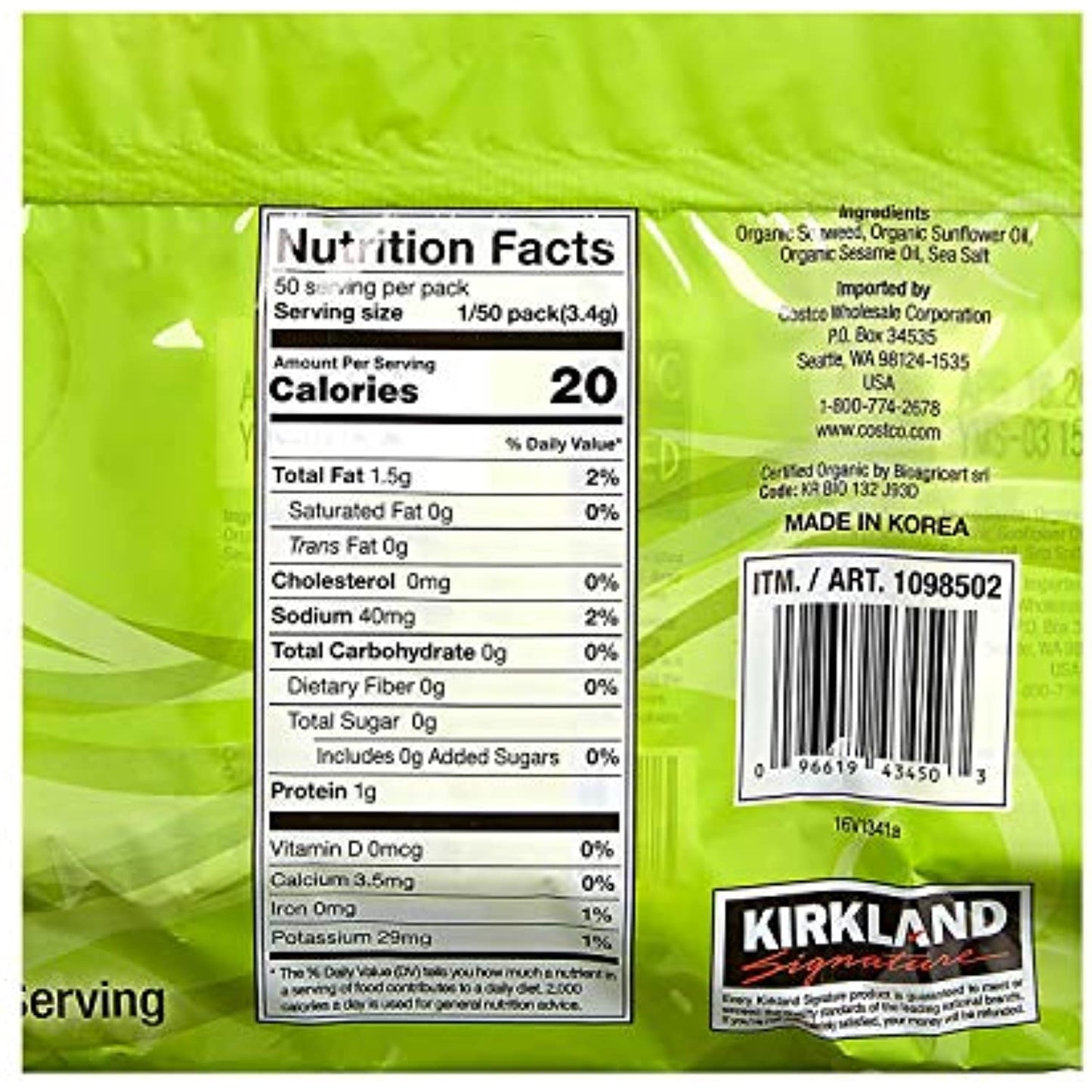 Kirkland Signature Organic Roasted Seaweed Snack Pack of 30 (0.6 Ounces each)