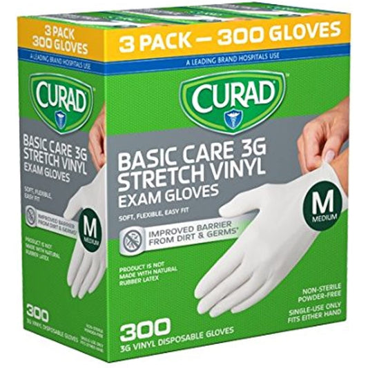 Curad Basic Care 3G Stretch Vinyl Exam Gloves, Powder Free, Medium, 100 Count (Pack of 3)