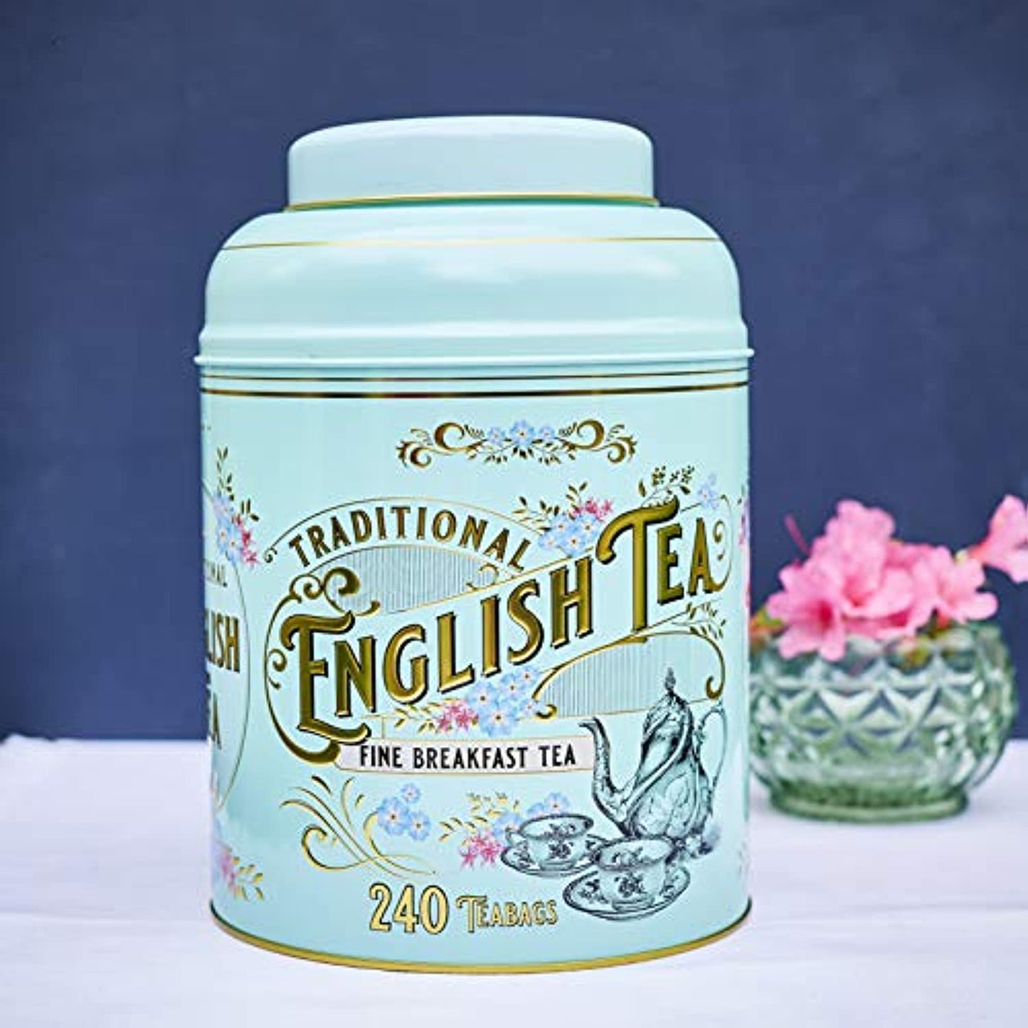 New English Teas Vintage Victorian Round Tea Caddy with 240 Fine English Teabags (Mint Green)