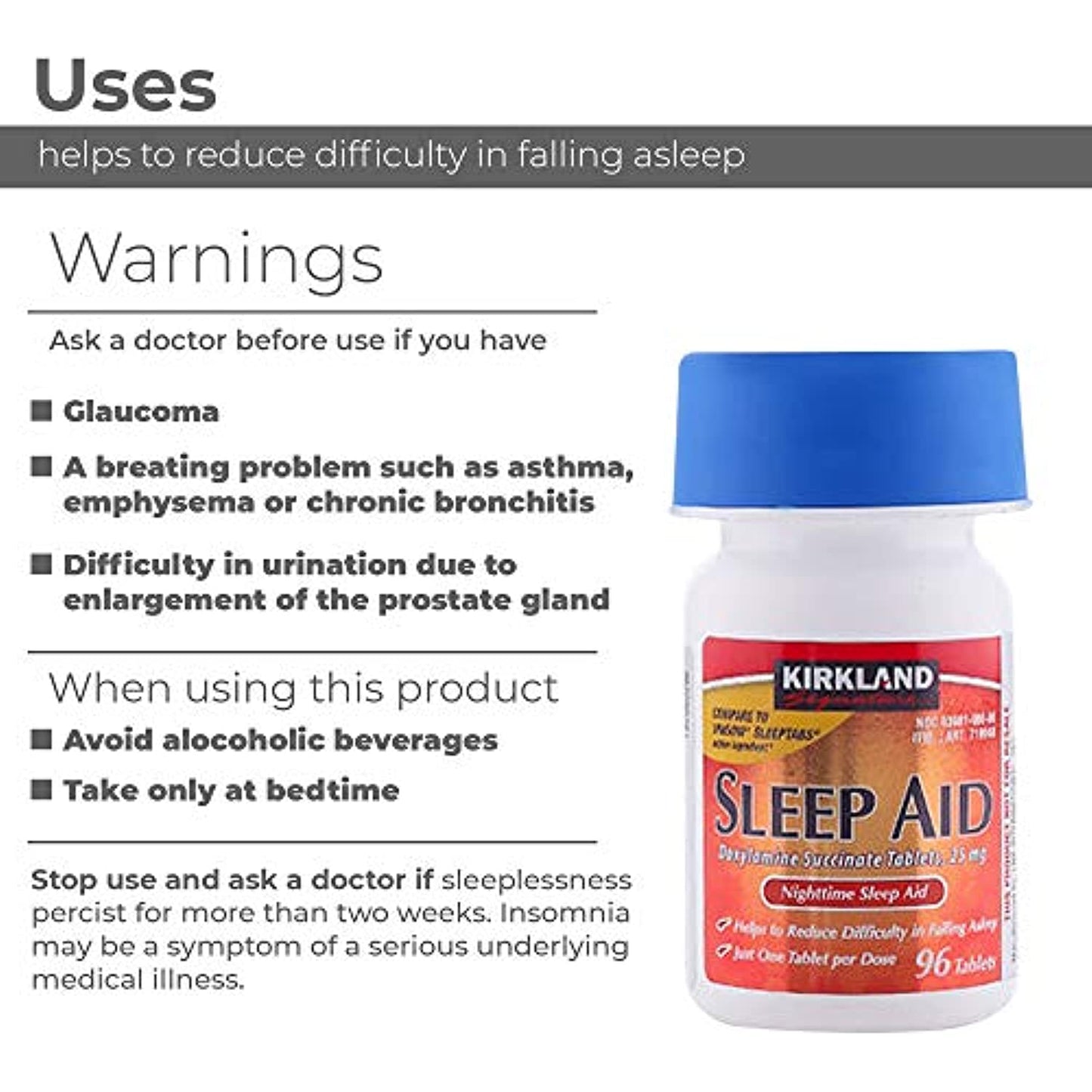 Kirkland Sleep Aid Doxylamine Succinate 25 mg 192 Tablets