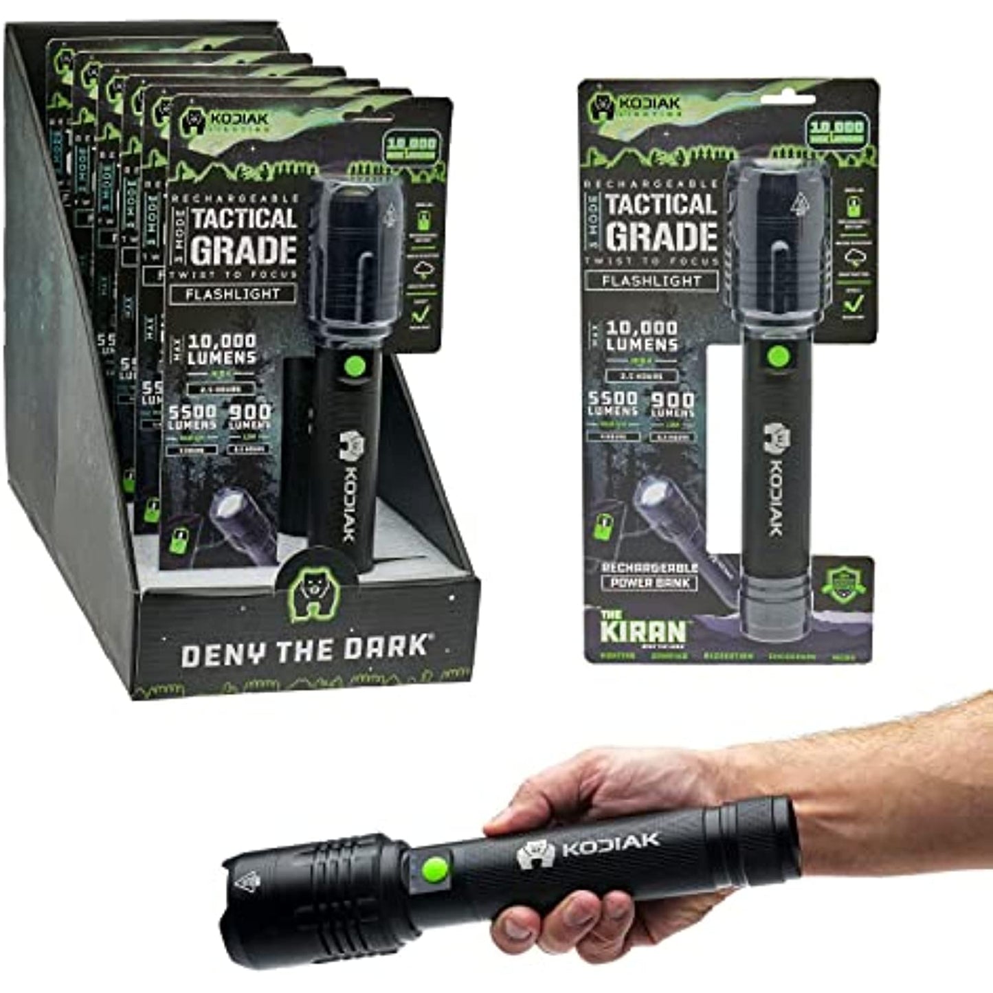 Kodiak Kiran 10000 Lumen | Rechargeable | High Lumen Tactical Flashlight | 5000mAh | 3 Brightness Settings | Charge Your Mobile Phone | Aerospace Grade | Great for Camping, Hiking and Emergencies