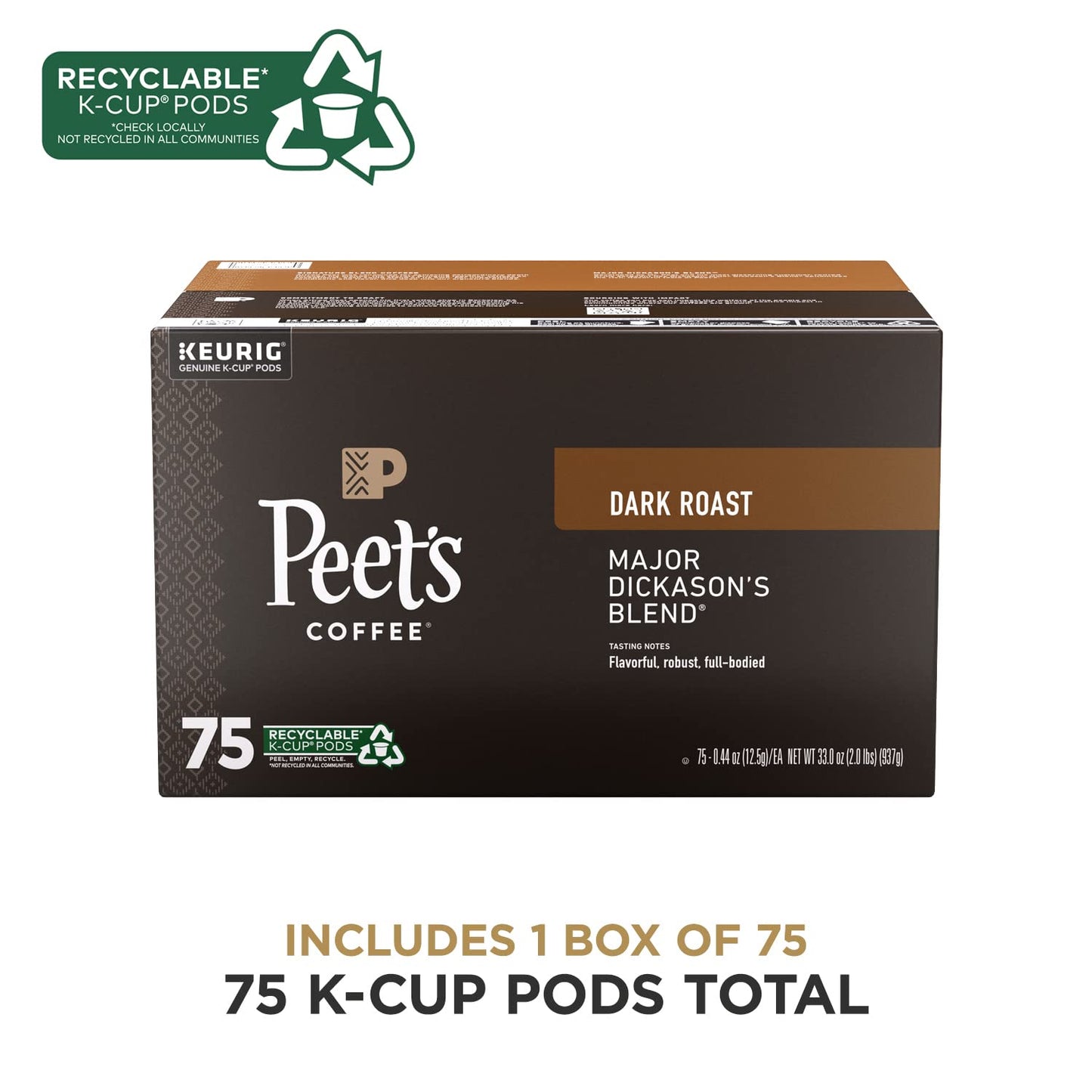 Peet's Coffee, Dark Roast K-Cup Pods for Keurig Brewers - Major Dickason's Blend 75 Count (1 Box of 75 K-Cup Pods) Packaging May Vary