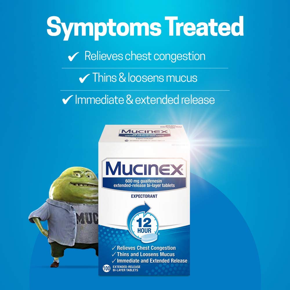 Mucinex 12 Hour Extended Release Tablets -Guaifenesin Relieves Chest Congestion Caused by Excess Mucus (#1 Doctor Recommended OTC expectorant), 100 Count (Pack of 1)