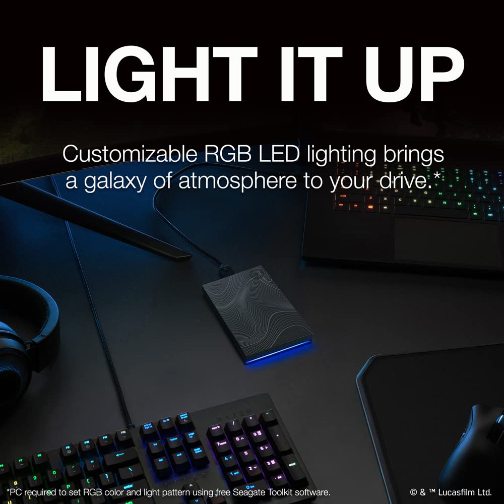 Seagate Beskar Ingot Drive Special Edition FireCuda 2TB Officially-Licensed External Hard Drive HDD - 2.5 Inch USB 3.2 Gen 1 customizable LED RGB lighting with Rescue Services (STKL2000403)