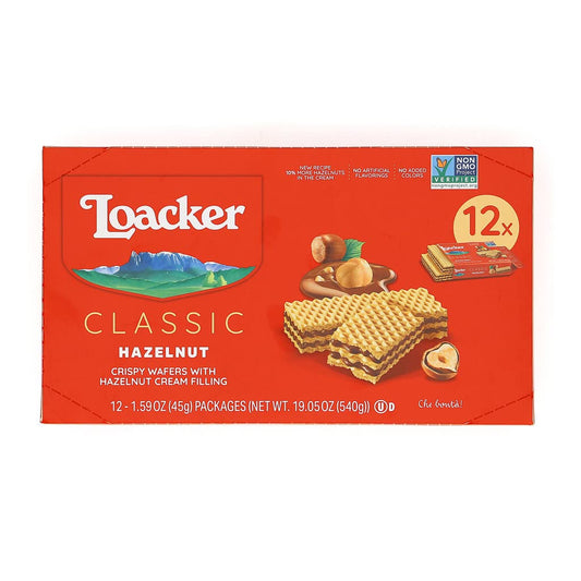 Loacker Premium Hazelnut Wafer Cookies| Multipack of 12 snacks | Crispy wafer fingers with creme-filling | 100% Italian Hazelnuts |Non GMO | No artificial flavorings, added colors or preservatives | perfect snack for lunchbox & coffee break 19.05 oz