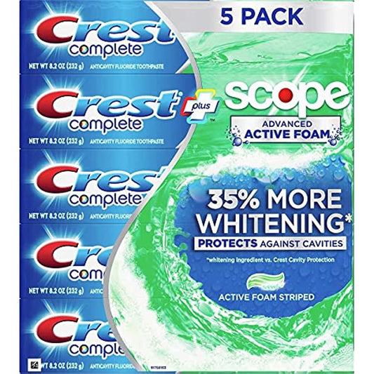 Crest Complete Toothpaste Plus Scope Advanced Active Foam, Striped, 8.2 Ounce (Pack of 5)