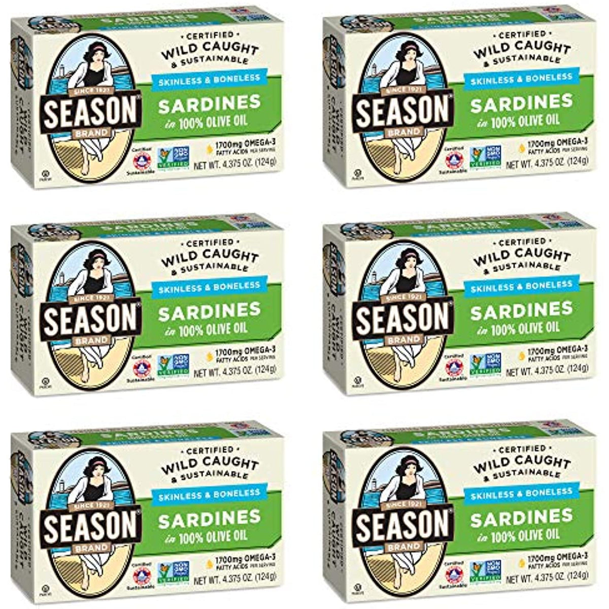 Season Sardines in Olive Oil | Skinless & Boneless, Gluten Free, Keto, Paleo, Kosher, Omega-3 Fatty Acids, Sugar Free, Salt Added | Wild Caught & Sustainable Fresh Fish | 4.375 oz (Pack of 6)