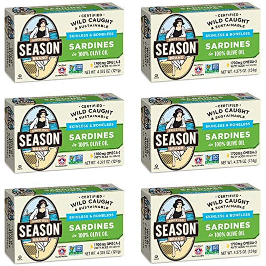 Season Sardines in Olive Oil | Skinless & Boneless, Gluten Free, Keto, Paleo, Kosher, Omega-3 Fatty Acids, Sugar Free, Salt Added | Wild Caught & Sustainable Fresh Fish | 4.375 oz (Pack of 6)