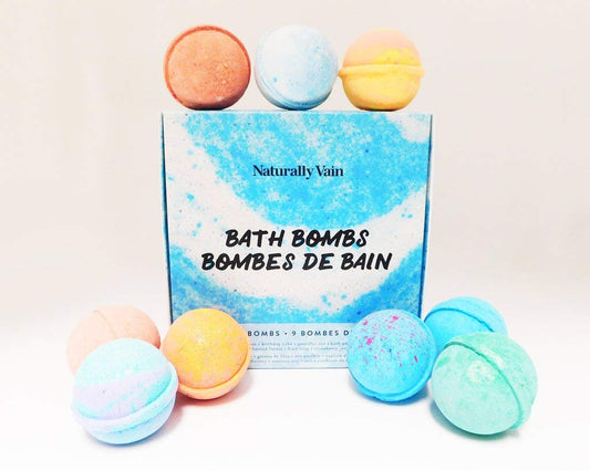 Handmade Bath Bombs by Naturally Vain - Set of 9 Relaxing Bath Balls Make the Perfect Gift for Women, Men & Kids, Moisturizing for Soft Skin, 25% Larger & Made in Canada From Natural Ingredients